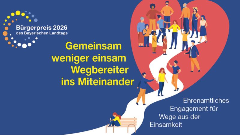 Logo Bürgerpreis und Thema 2026 "Gemeinsam weniger einsam - Wegbereiter ins Miteinander" illustriert mit Herz und Menschen