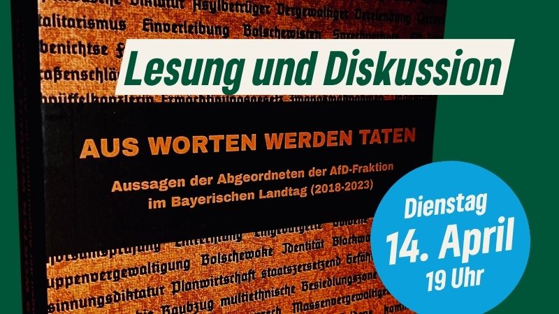 Buchcover "Aus Worten werden Taten" mit Hinweis auf Lesung