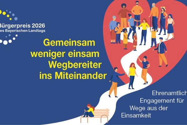 Logo Bürgerpreis und Thema 2026 "Gemeinsam weniger einsam - Wegbereiter ins Miteinander" illustriert mit Herz und Menschen