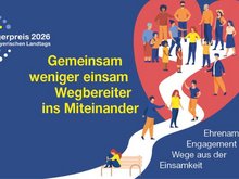 Logo Bürgerpreis und Thema 2026 "Gemeinsam weniger einsam - Wegbereiter ins Miteinander" illustriert mit Herz und Menschen