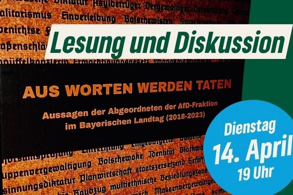 Buchcover "Aus Worten werden Taten" mit Hinweis auf Lesung